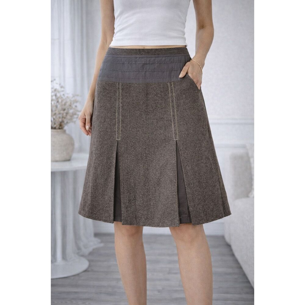 Promod Brown Tweed A-Line Skirt Pleated Knee Length Size M See Description